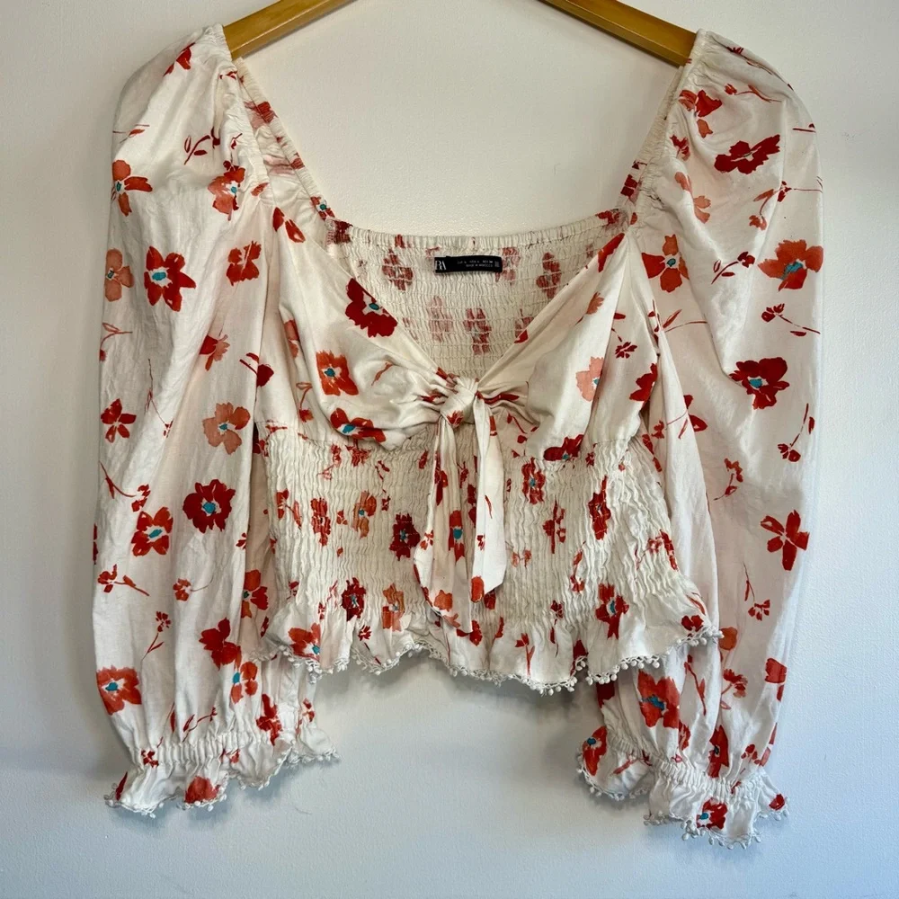 Floral Puff Sleeve Blouse Top Smocked Waist Front Tie Large Boho peasant